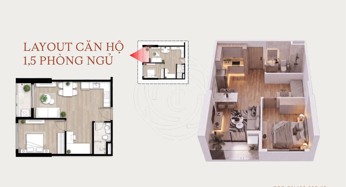 Layout căn hộ 1,5 phòng ngủ The Camellia Sơn Trà