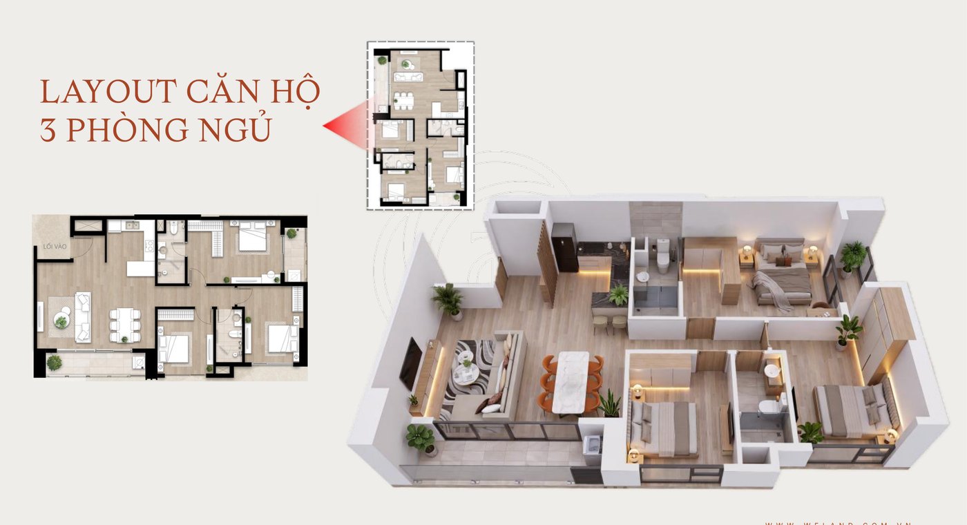 Layout căn hộ 3 phòng ngủ The Camellia Sơn Trà